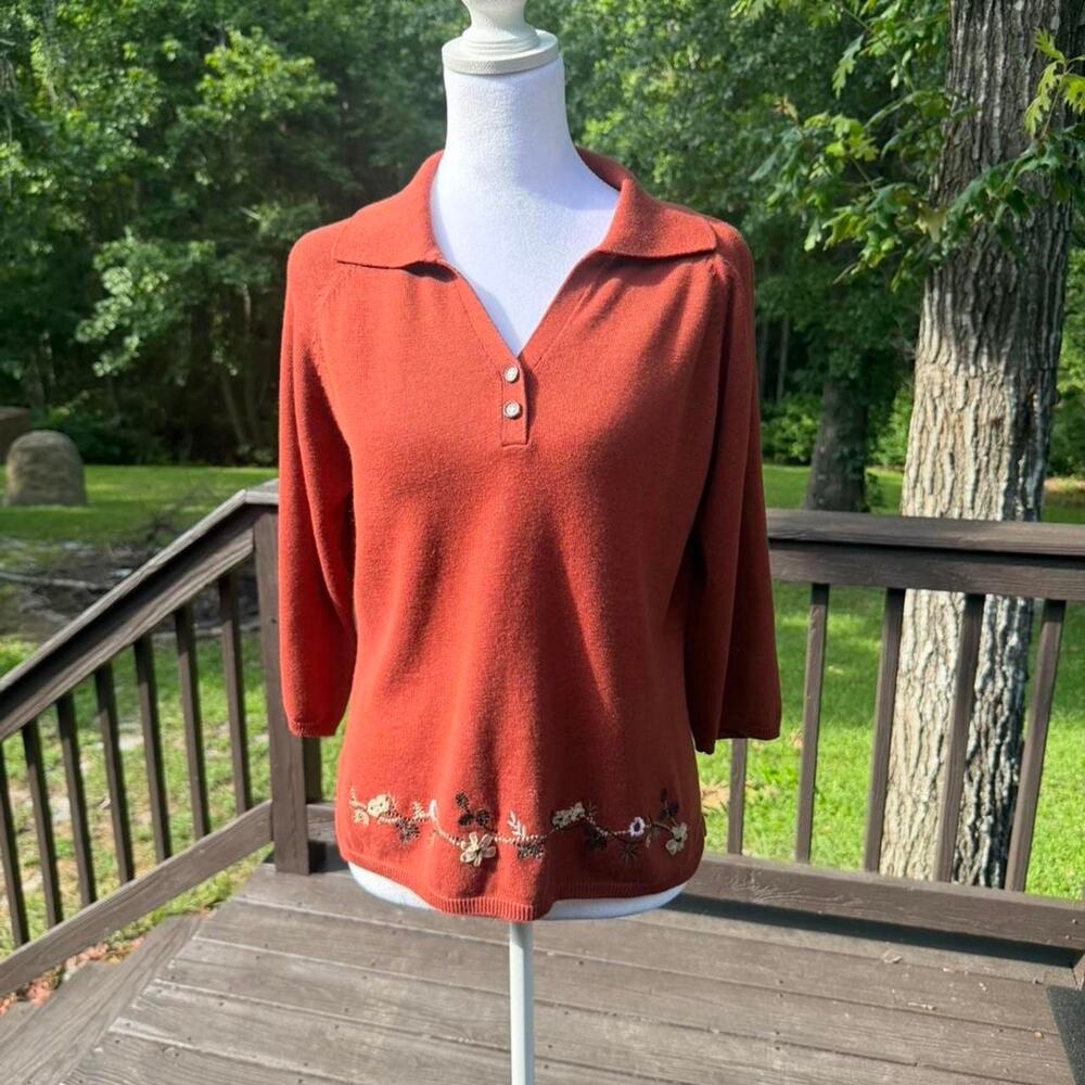 Teddi Rust Embroidered Knit Polo Sweater Cottagecore Autumn Floral Fall